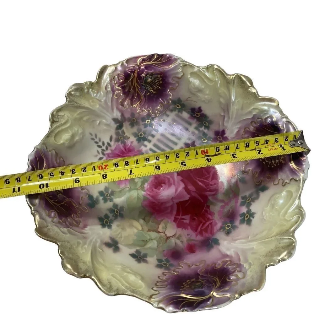 Antique‎ 10.5” Bowl A F S P Roses Scalloped Center Bowl Gold Pink Green Purple